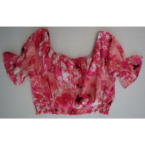 Lane Bryant Women Sz 14/16 Pink Floral Crop Off-The-Shoulder Chiffon Blouse $70 - Picture 7 of 9